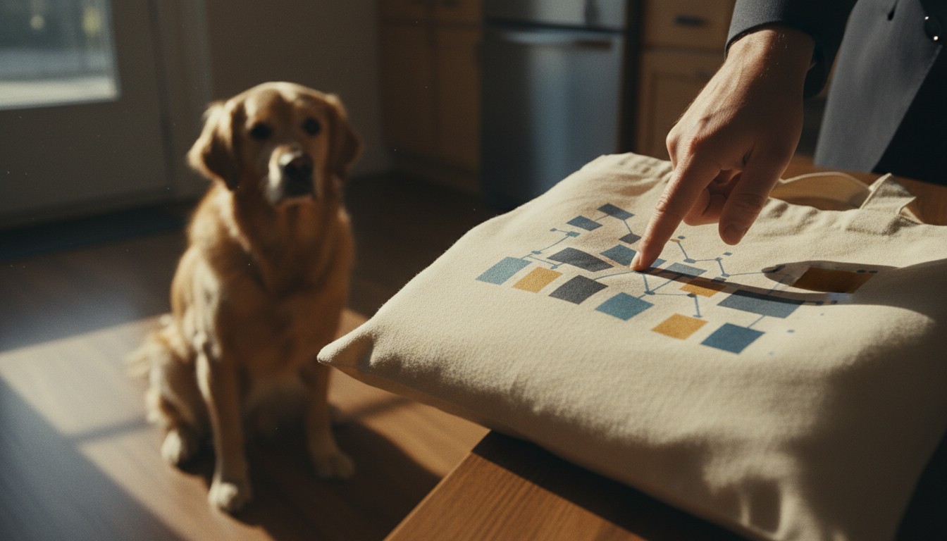Golden retriever dog sitting and watching a person point to a flowchart graphic printed on a beige tote bag in a sunlit room.