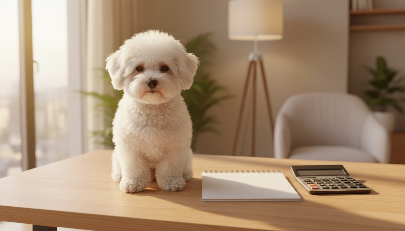 Fluffy white puppy sitting on a wooden desk next to a notebook and calculator in a bright home office.