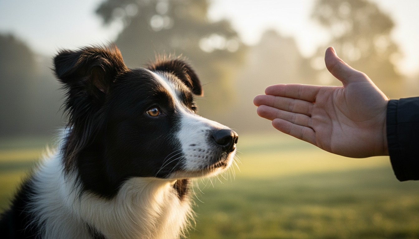 Black and white Border Collie looking attentively at an open human hand in a park during golden hour sunset.