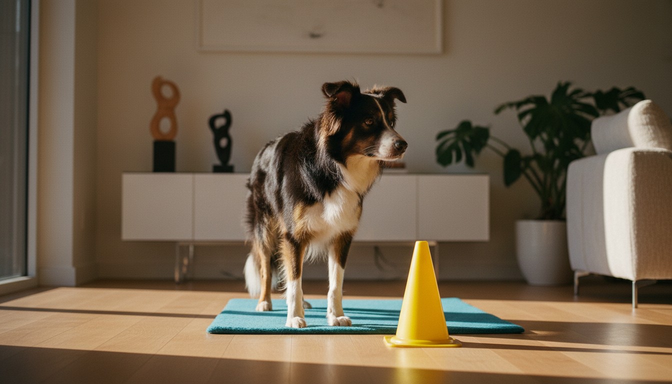 Border Collie dog standing on a blue exercise mat with a yellow training cone in a minimalist sunlit living room.