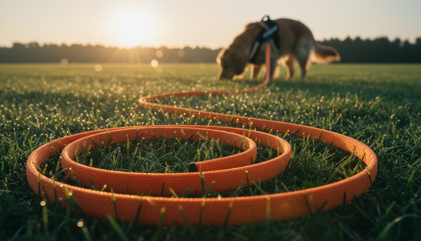 Section 4: 'Gear and Structure: Setting Up for Success' Long orange dog training leash coiled on dewy green grass with a blurred golden retriever in the background at sunrise.