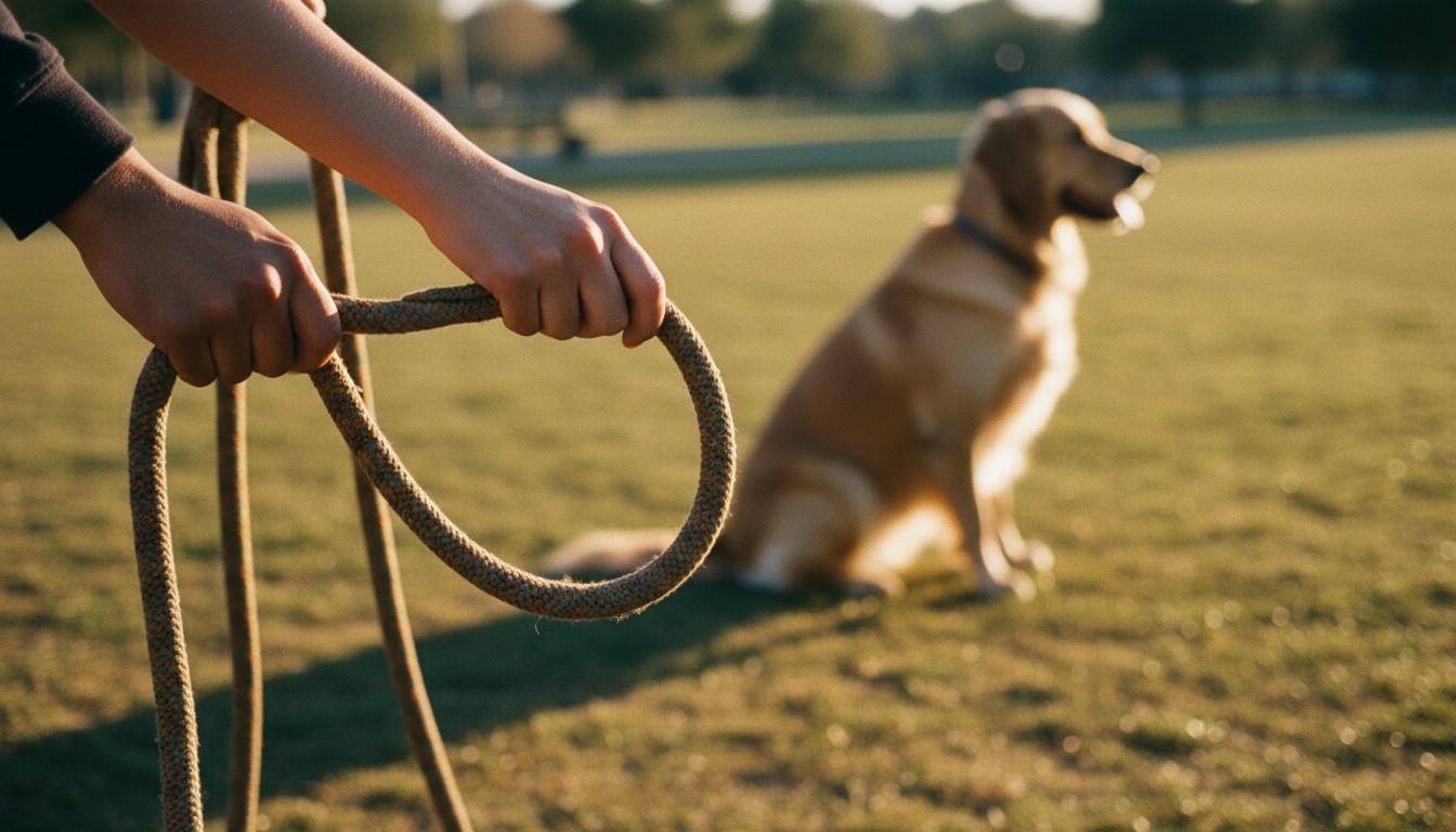 Section 5: 'Troubleshooting and Navigating Safety' Close-up of hands holding a thick rope dog leash in a park with a golden retriever sitting on the grass in the background during golden hour.