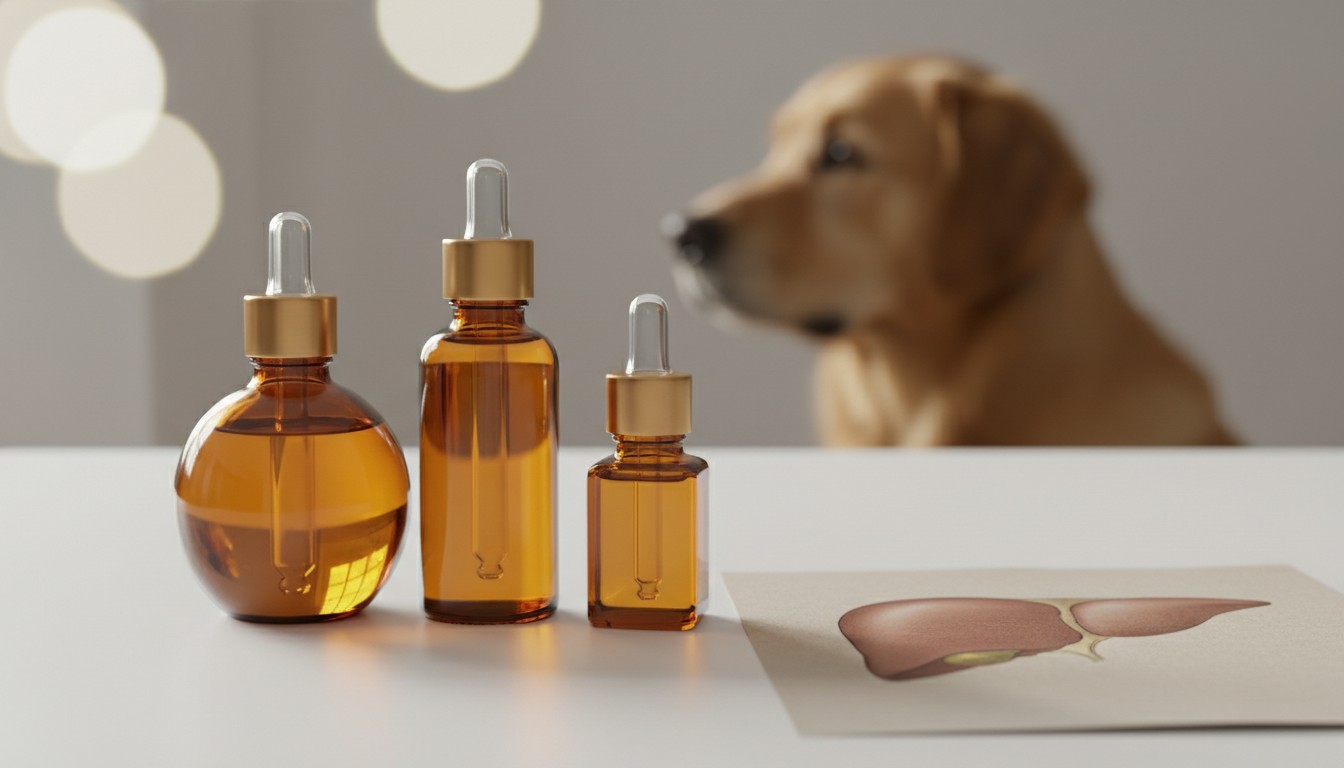 Section 2: 'Metabolic Roadblocks: Phenols and Monoterpenes' Three amber glass dropper bottles for pet supplements on a table with a liver diagram and a blurred golden retriever in the background. Natural liver support for dogs.