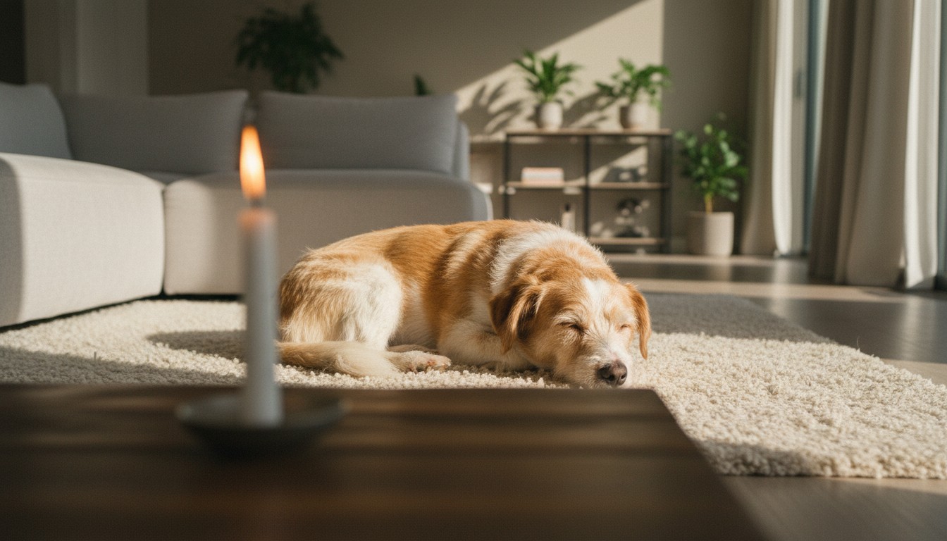 Section 3: 'Comparing Delivery Systems: Diffusers vs. Scented Candles' Brown and white dog sleeping peacefully on a fluffy rug in a sunlit living room with a lit candle in the foreground.