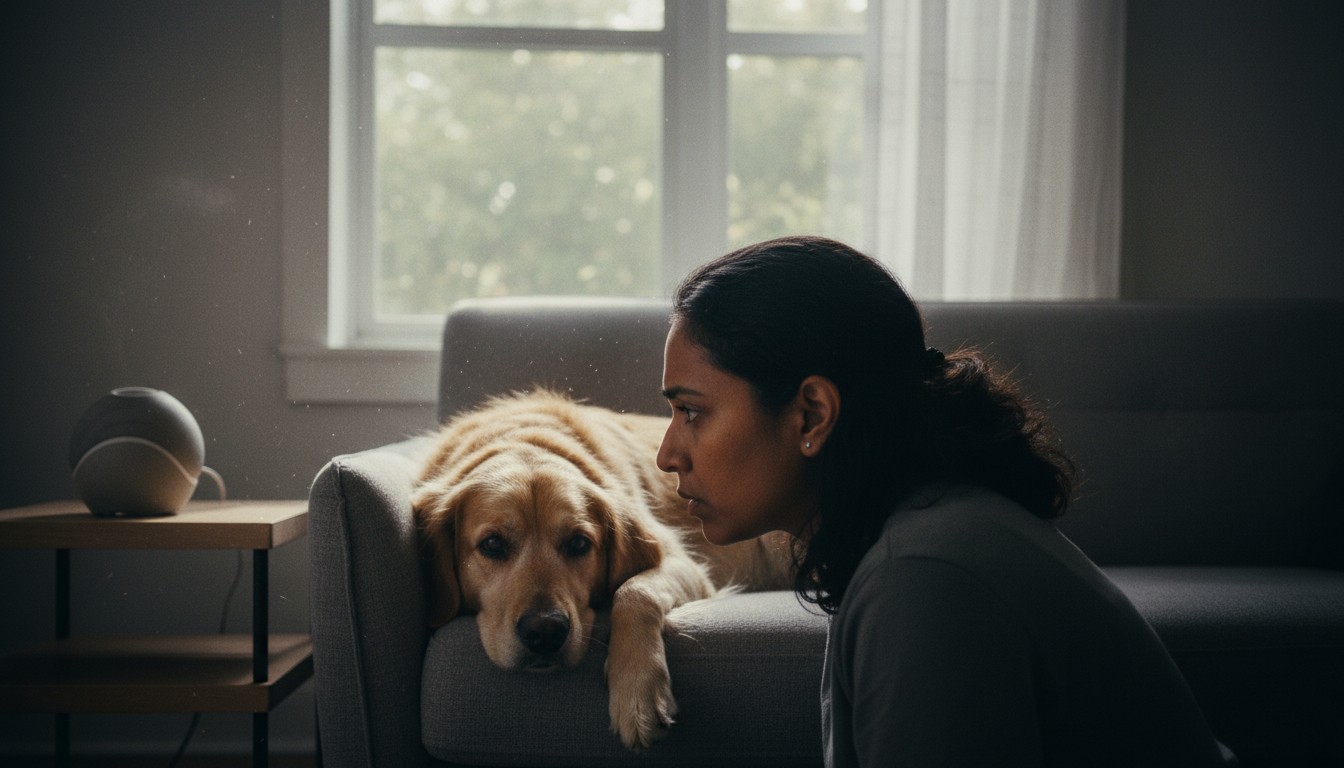 Section 4: 'Identifying Toxic Exposure: Symptoms and Troubleshooting' A woman looking intently at a golden retriever resting its head on a gray sofa in a softly lit living room.