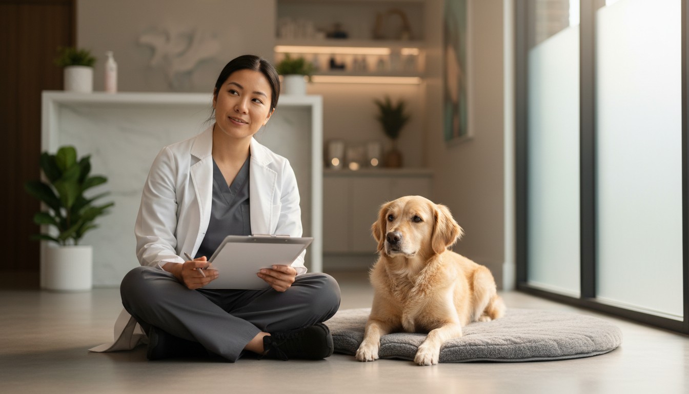 A smiling female veterinarian in a white lab coat sitting cross-legged on the floor next to a calm golden retriever dog on a grey pet bed inside a modern veterinary clinic office.