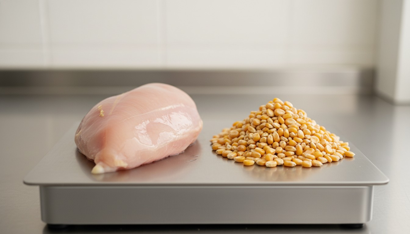 Raw chicken breast and a pile of yellow corn kernels on a silver digital kitchen scale.
