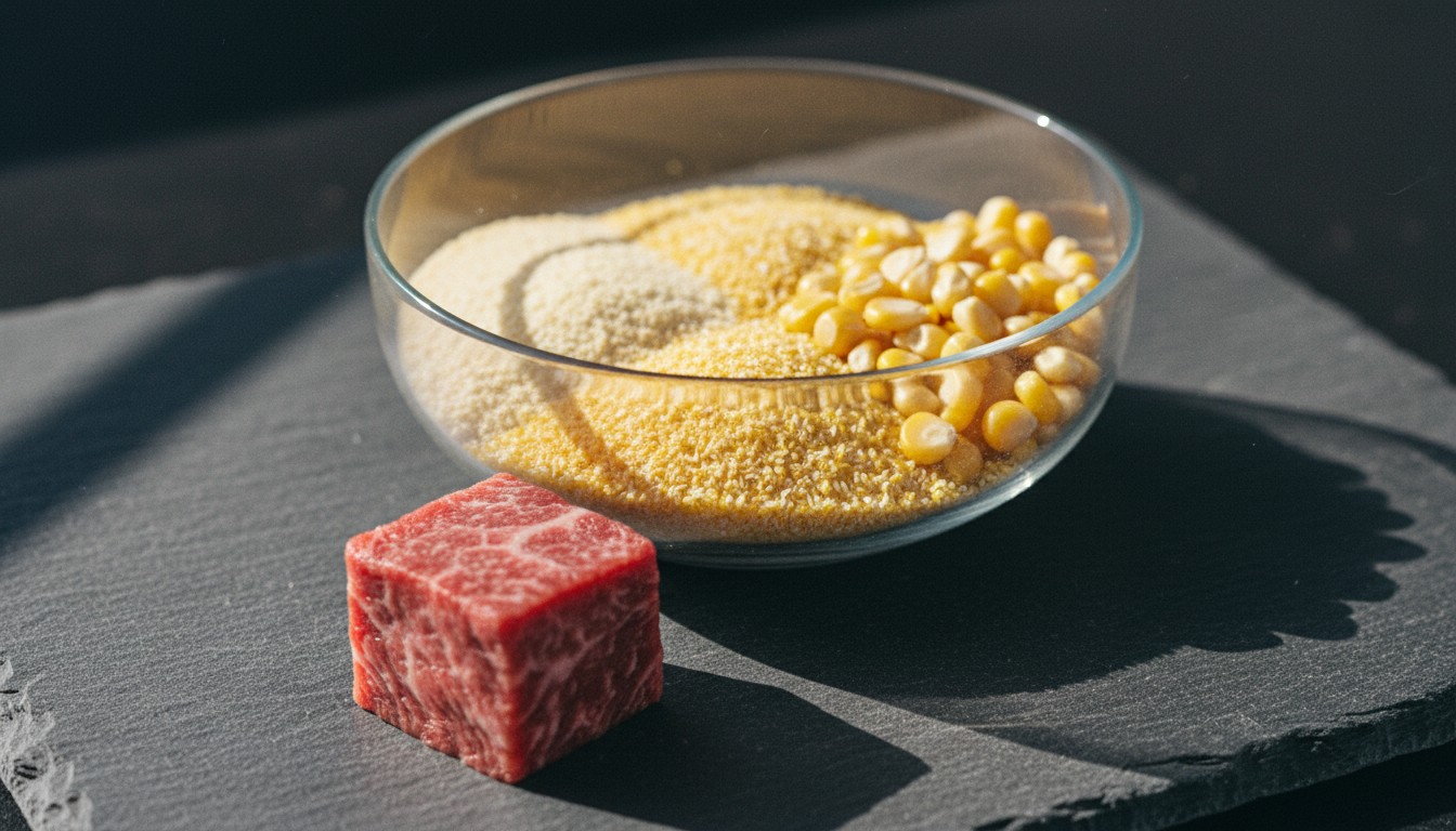 Cube of marbled raw beef next to a glass bowl containing corn kernels, cornmeal, and fine corn flour on a dark slate board under natural sunlight.