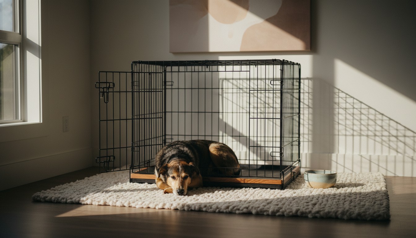 Section 2: 'Selection Criteria: Choosing the Ideal Location' A calm dog resting inside an open black wire dog crate on a plush white rug in a sunlit modern living room.