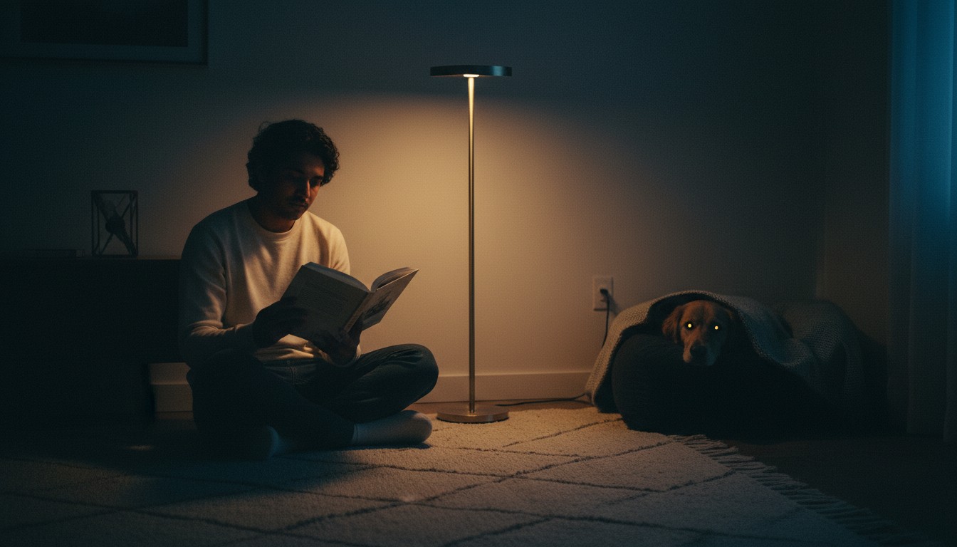Section 5: 'Troubleshooting: When Adjustment Stalls' A man sits on a rug reading a book under the warm glow of a floor lamp while a dog rests nearby in a cozy bed under a blanket.