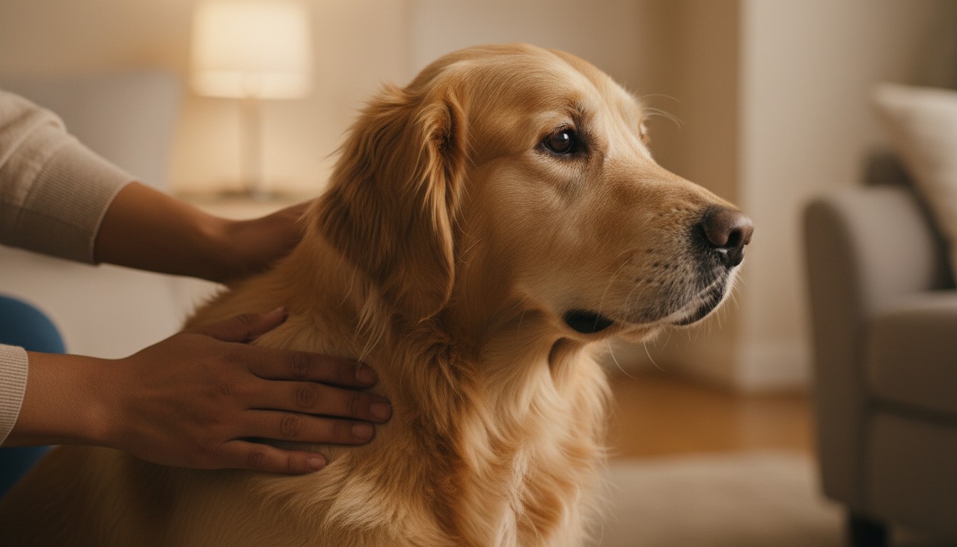 Close-up of a person petting a Golden Retriever in a warm living room with soft lighting.