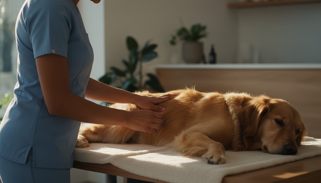 A professional veterinarian in blue scrubs gently examines a relaxed golden retriever lying on a clinical table during a checkup.
