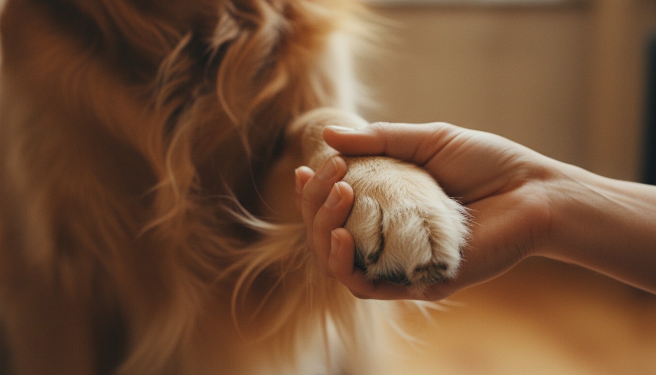 Close-up of a human hand gently holding a Golden Retriever dog paw, symbolizing trust and the bond between pet and owner in a warm indoor setting.