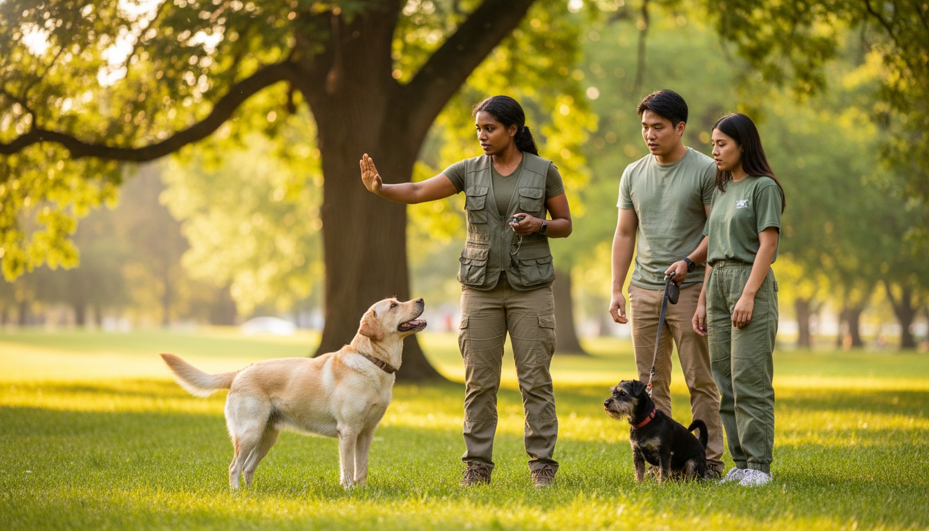 Professional dog trainer teaching obedience to a yellow Labrador in a sunny park with owners watching.