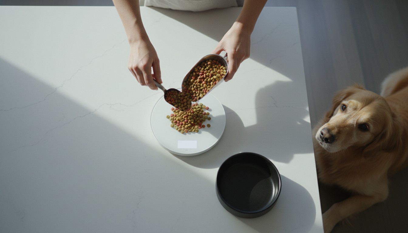 Person pouring dry dog food kibble onto a digital scale with a Golden Retriever looking up expectantly.