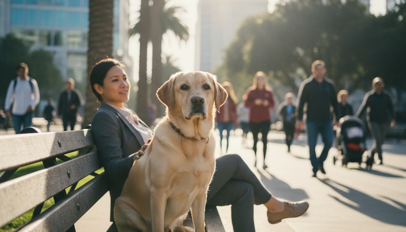 Section 1: 'Redefining Socialization: Why Interaction Isn't Everything' A yellow Labrador retriever sitting on a park bench next to its owner in a sunny urban plaza with palm trees and pedestrians.