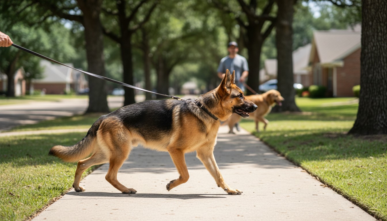 Section 2: 'The Danger of the Frustrated Greeter' German Shepherd on a leash walking on a suburban sidewalk during a sunny day with another dog in the background.