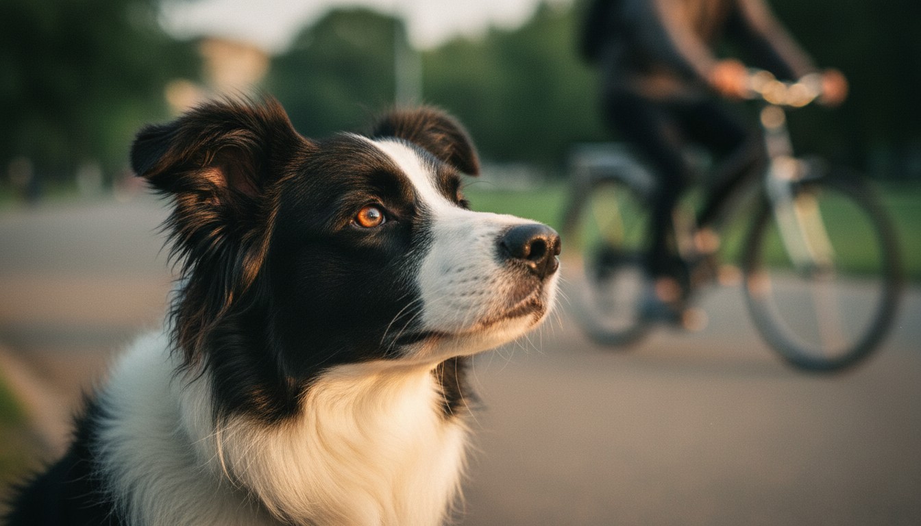 Section 3: 'The Disengagement Protocol: Rewarding the Choice' Close-up of a black and white Border Collie dog looking focused in a park during sunset with a cyclist blurred in the background.