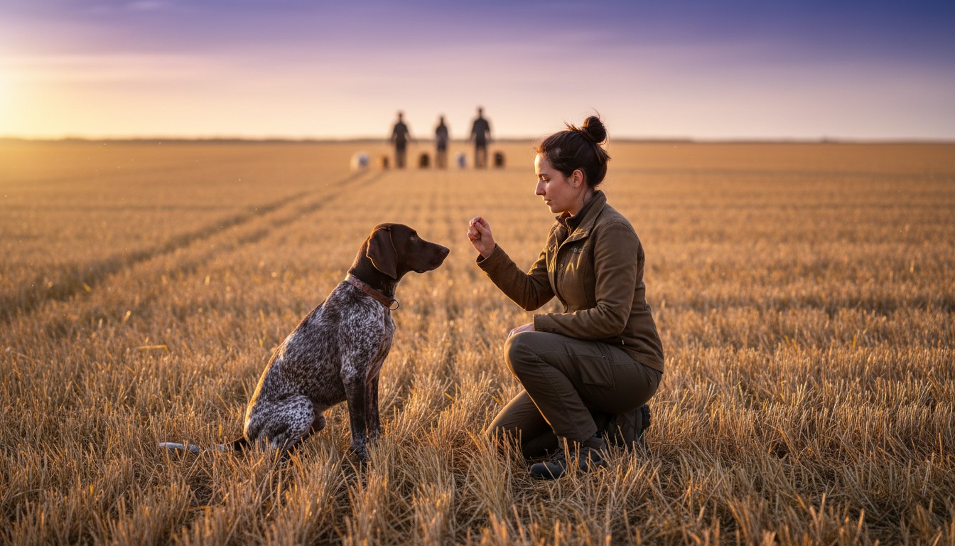 Section 5: 'Troubleshooting: When Your Dog Struggles' Woman kneeling in a harvested field training a German Shorthaired Pointer dog during a beautiful sunset with other trainers in the background.