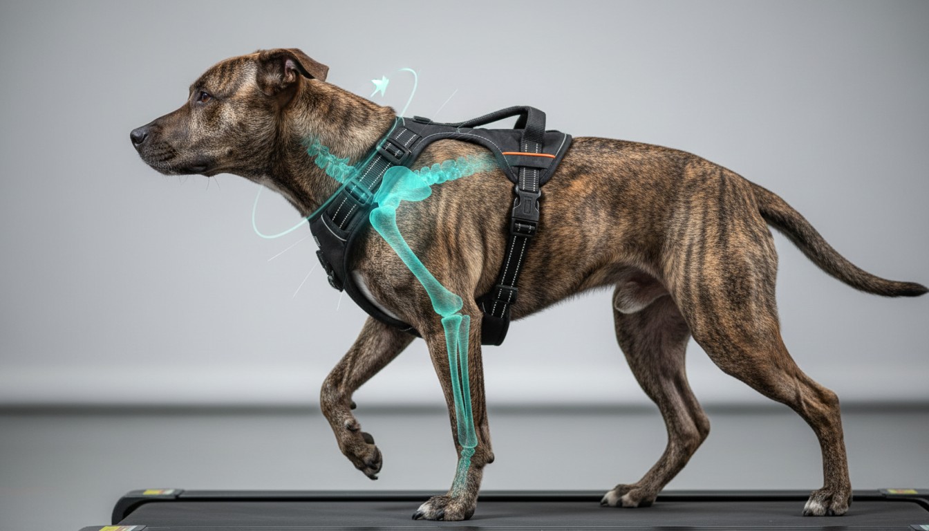 Brindle dog walking on a treadmill wearing a black dog harness with a cyan anatomical skeletal overlay showing front leg and neck bone structure for ergonomic fit.
