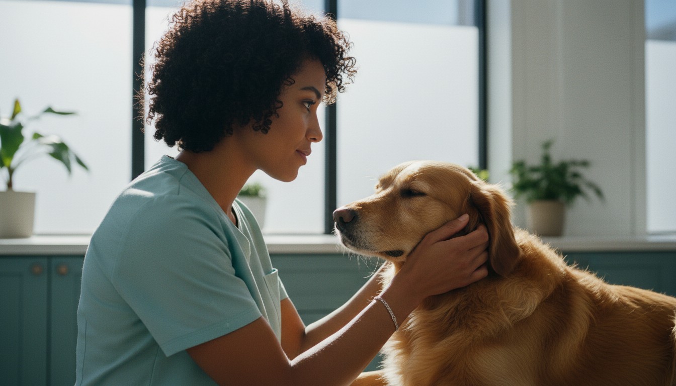 A female veterinarian with curly hair gently cradling a golden retriever's head in a clinic setting with natural light.