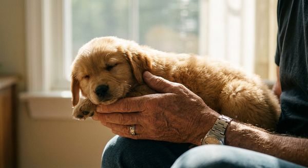 A golden retriever and orange tabby cat relaxing together, representing companionship and trust.