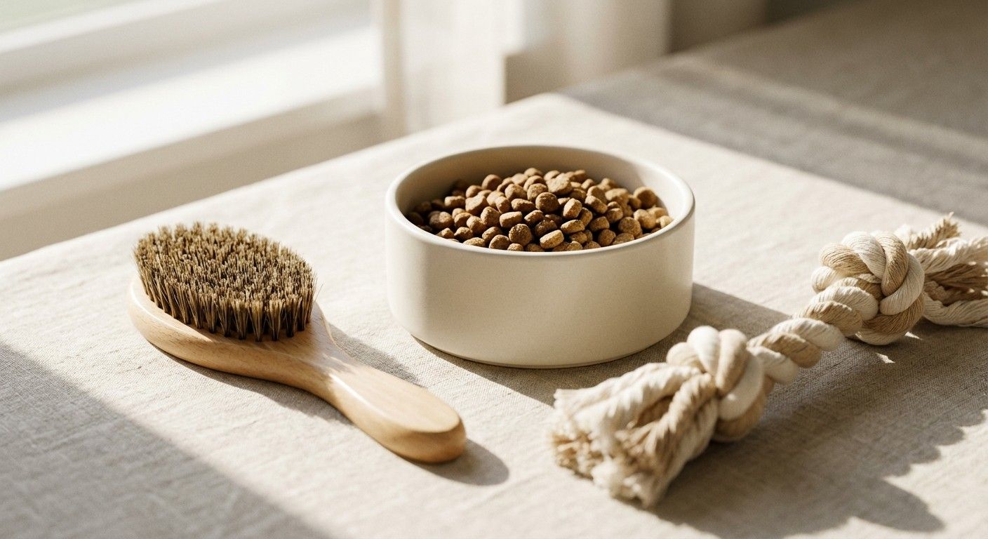 A cozy scene of pets at home, illustrating the values of care, comfort, and wellbeing.